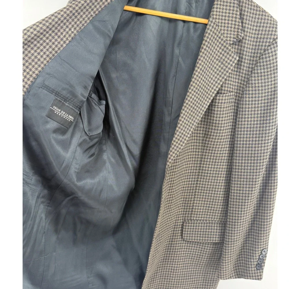Vintage Oscar de la Renta Wool Houndstooth Blazer Mens 40L Brown Black